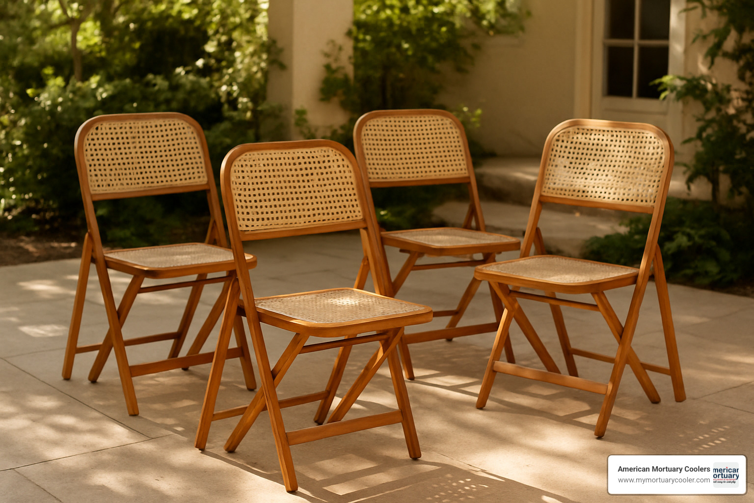 cane back folding chairs arranged on a patio under partial shade - cane back folding chairs