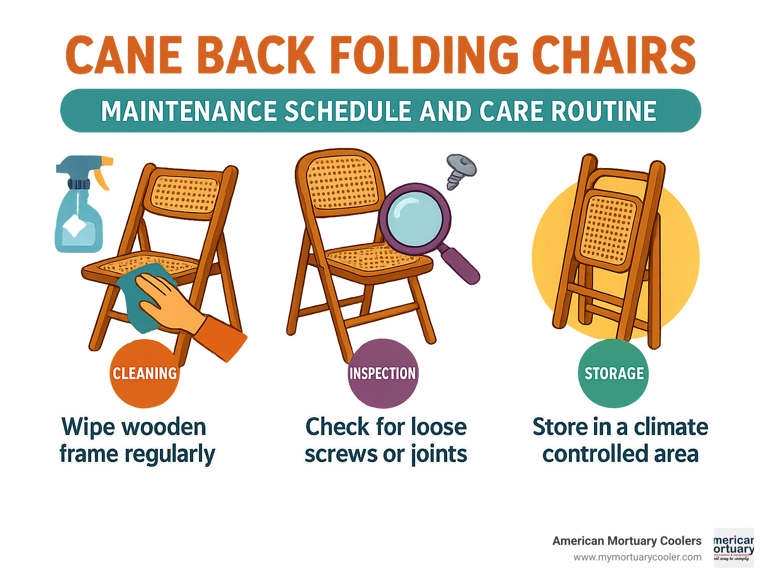 Maintenance schedule and care routine for cane back folding chairs showing cleaning, inspection, and storage best practices - cane back folding chairs infographic 