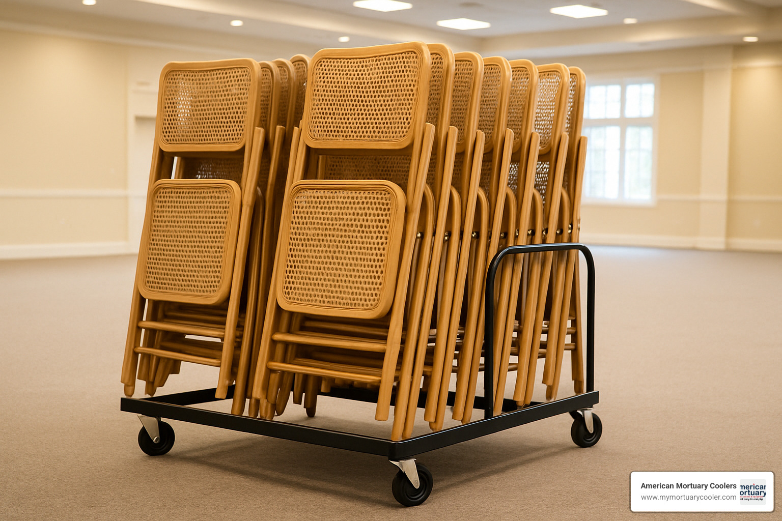 stack of folded cane back chairs showing compact storage dimensions - cane back folding chairs