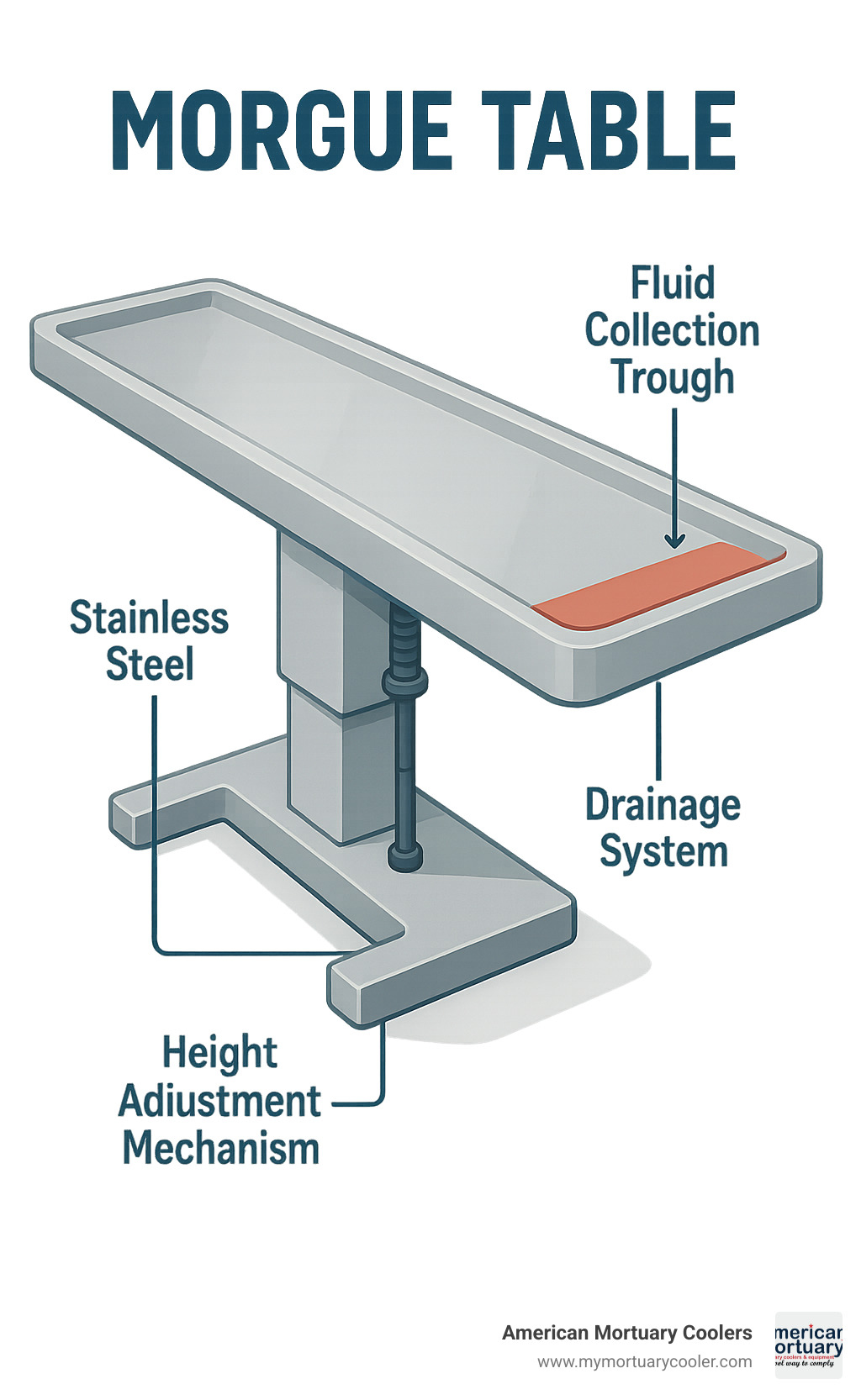 Diagram showing the key components of a standard morgue table including drainage system, height adjustment mechanism, stainless steel surface, and fluid collection trough - MORGUE TABLE infographic 