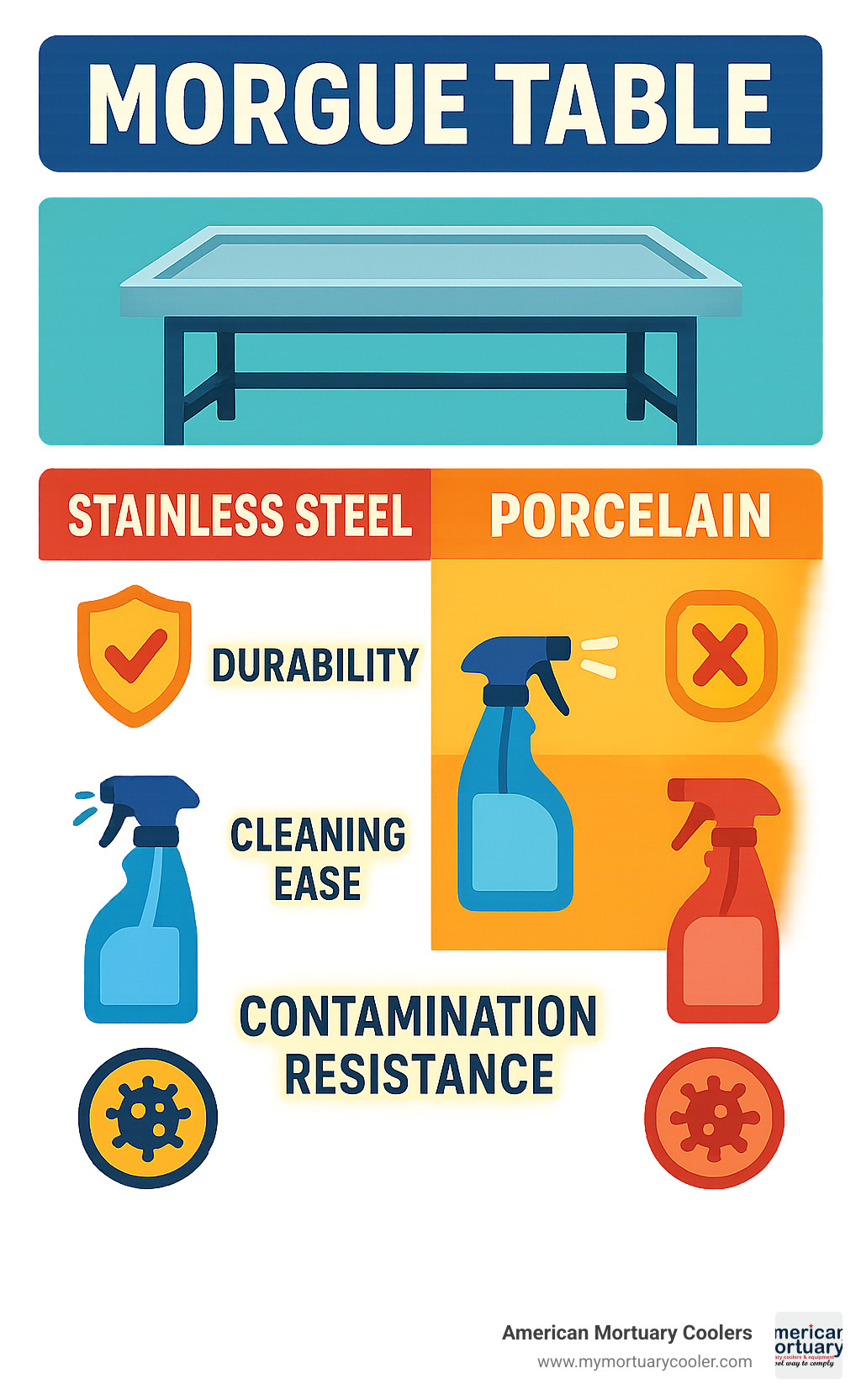 comparison of stainless steel versus porcelain surfaces for morgue tables showing durability, cleaning ease, and contamination resistance - MORGUE TABLE infographic 