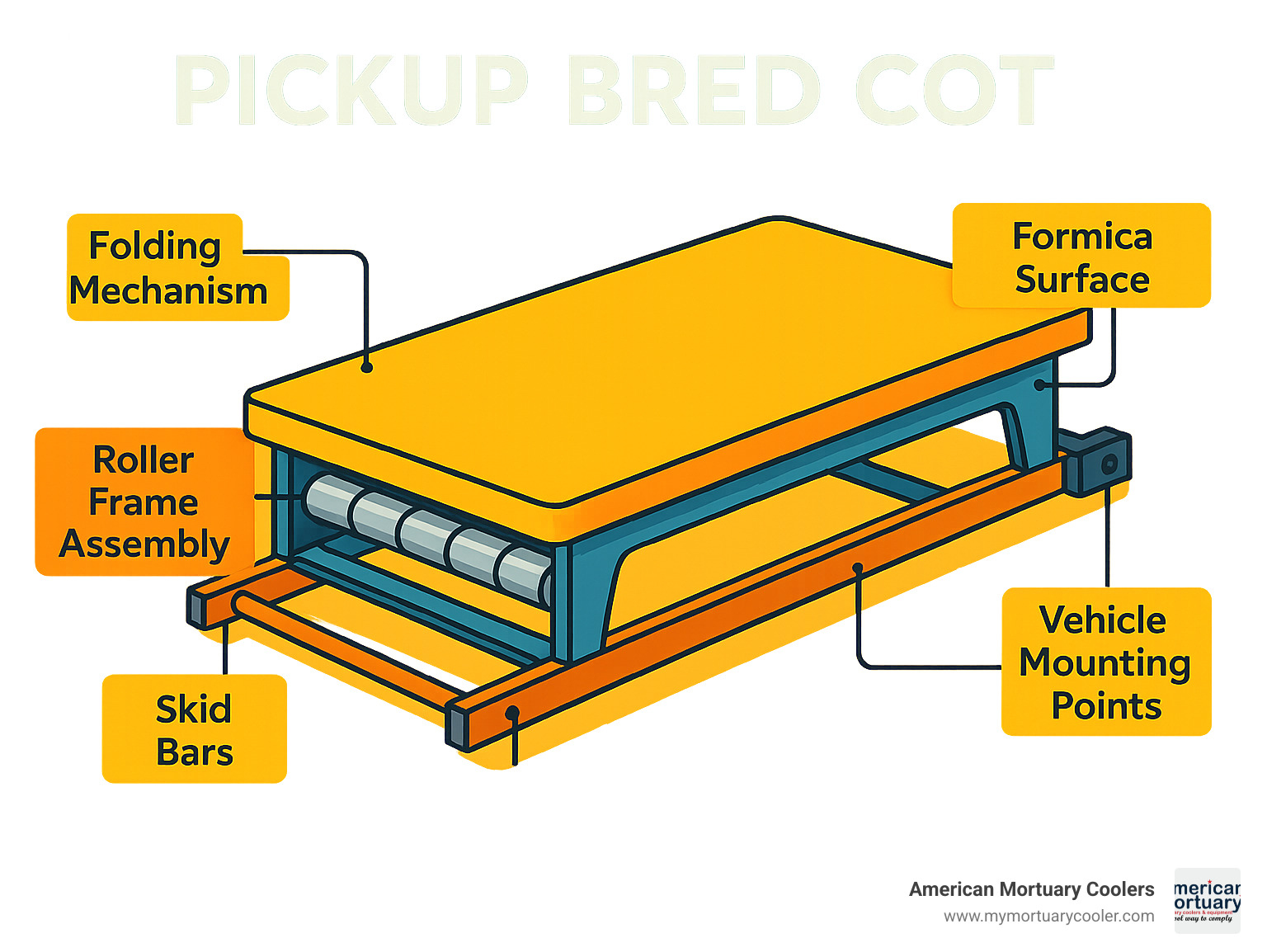 Detailed diagram of pickup bred cot showing key components including roller frame assembly, skid bars, folding mechanism, Formica surface, and vehicle mounting points - pickup bred cots infographic 