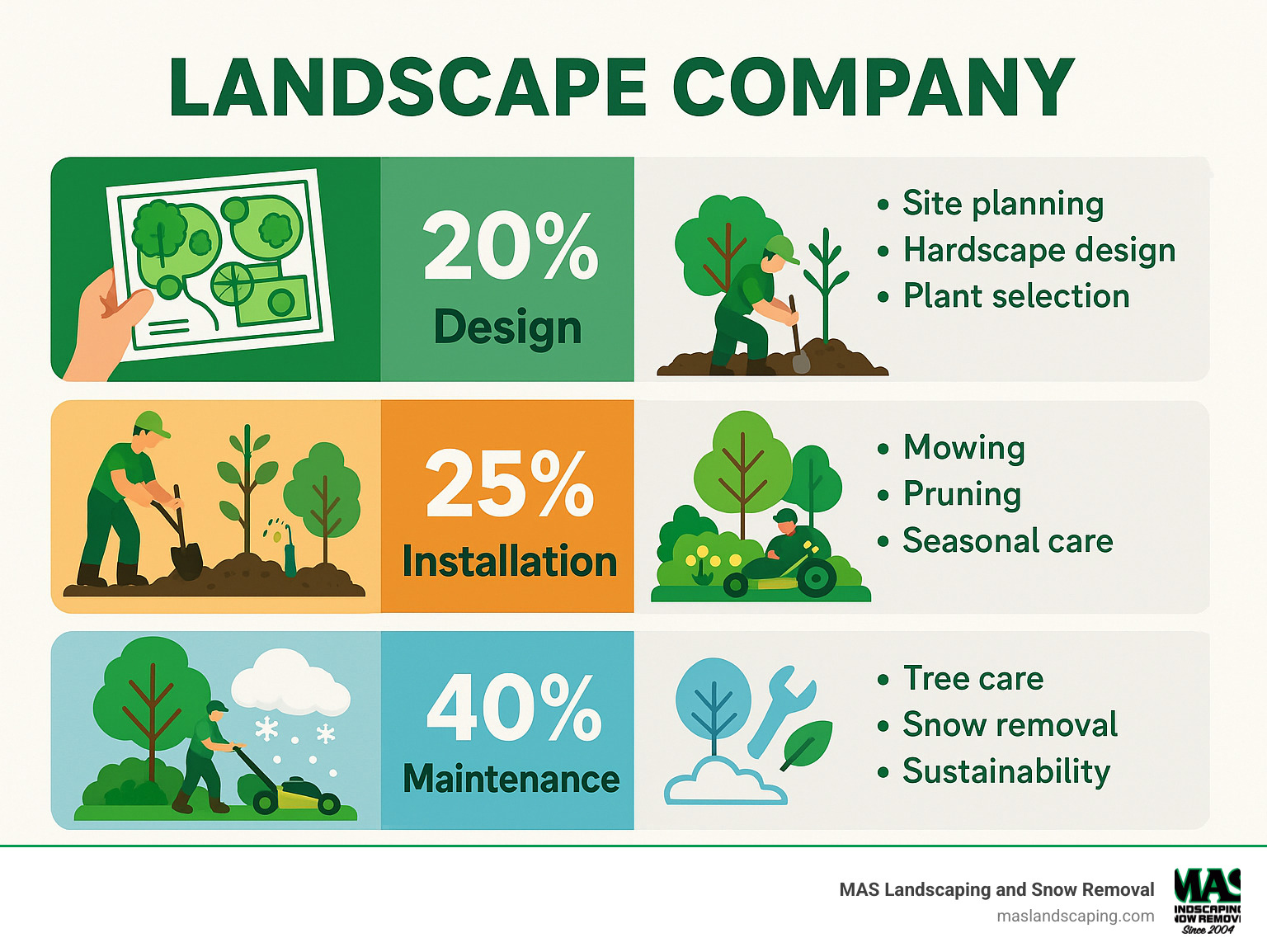 Infographic showing landscape company services breakdown: Design (20%) - site planning, hardscape design, plant selection; Installation (25%) - construction, planting, irrigation; Maintenance (40%) - mowing, pruning, seasonal care; Specialty Services (15%) - tree care, snow removal, sustainability consulting - Landscape Company infographic
