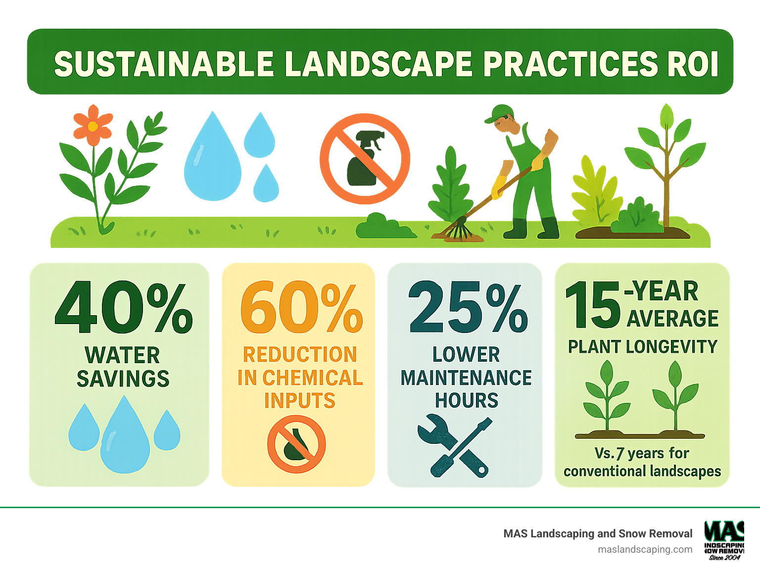 Infographic showing sustainable landscape practices ROI: 40% water savings, 60% reduction in chemical inputs, 25% lower maintenance hours, 15-year average plant longevity vs. 7 years for conventional landscapes - Landscape Company infographic