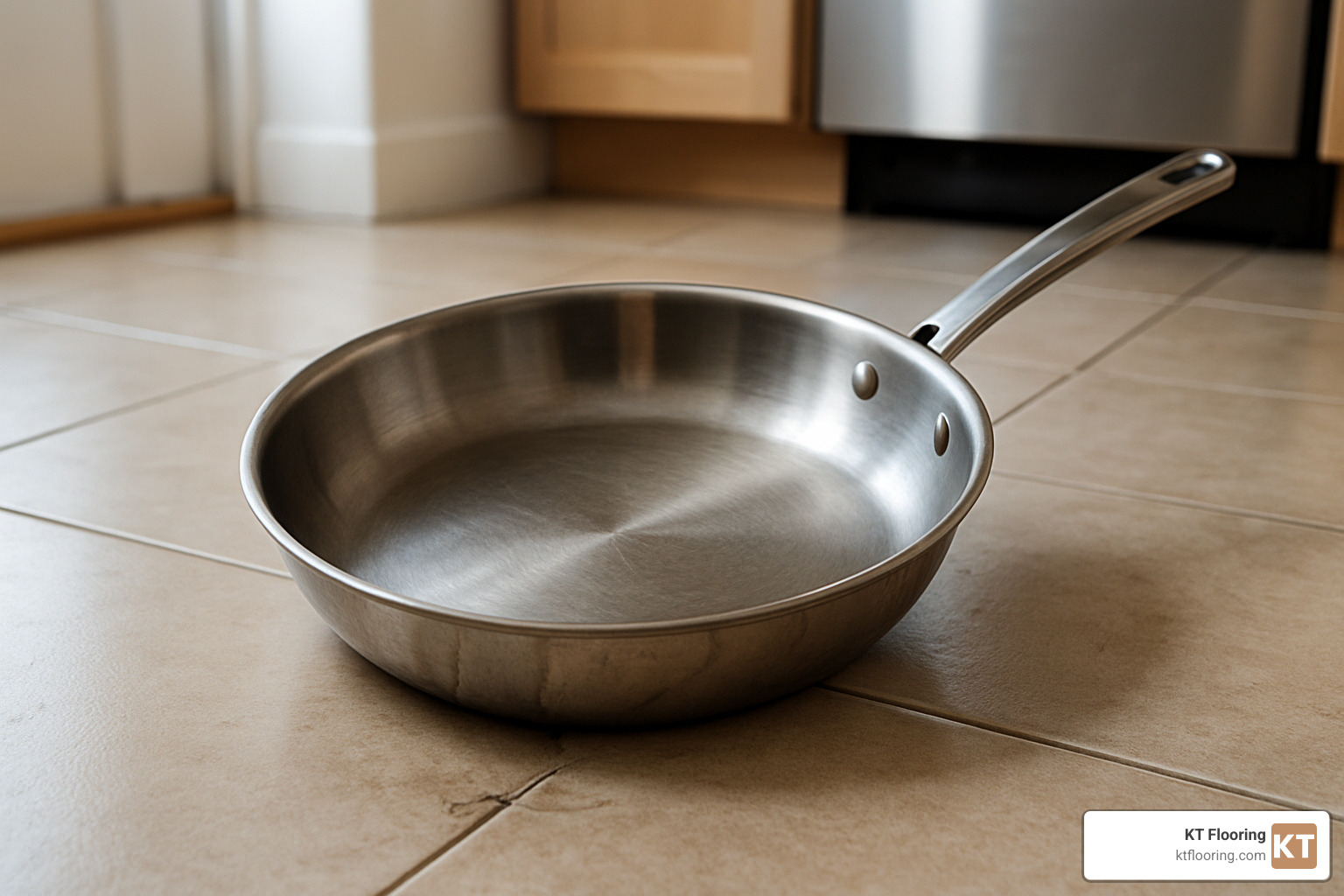 dropped pan on tile floor - durable kitchen flooring