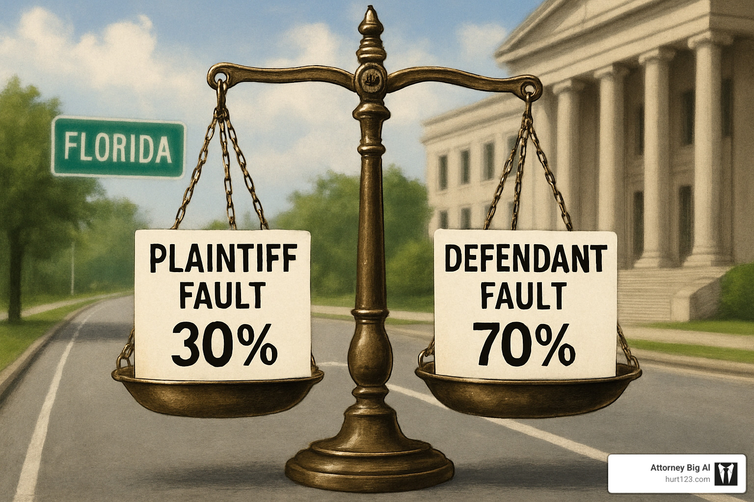 Scale showing fault percentages in an accident case - Car accident attorney Florida