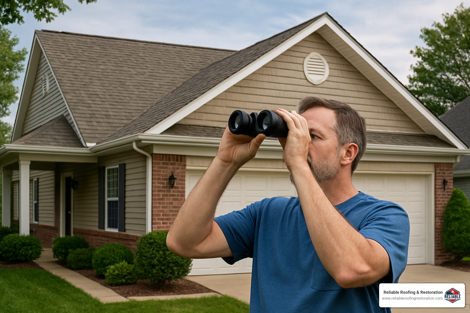 homeowner inspecting roof with binoculars - Asphalt shingle roof replacement