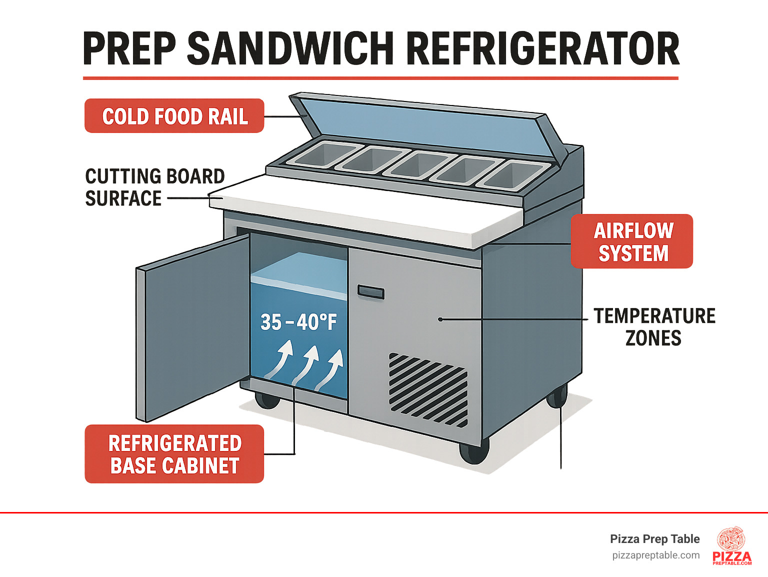 Diagram showing prep sandwich refrigerator components including refrigerated base cabinet, cold food rail with ingredient pans, cutting board surface, and airflow system with temperature zones highlighted - prep sandwich refrigerator infographic