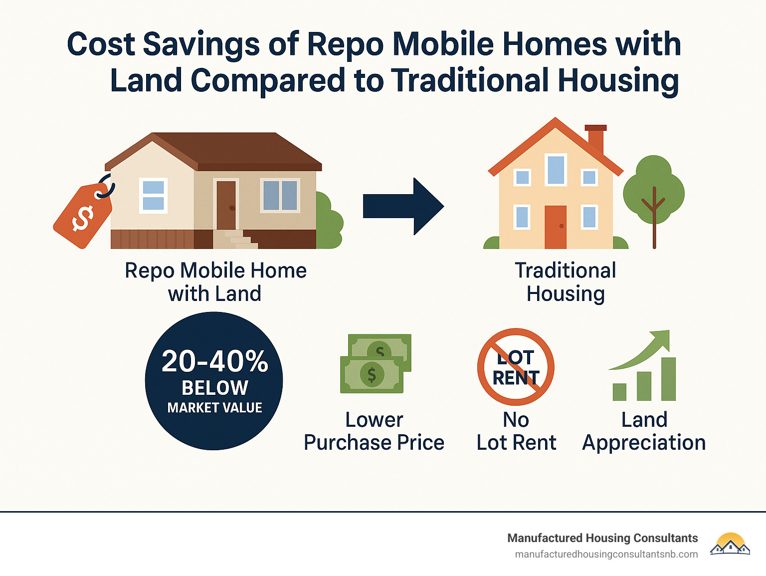 Infographic showing cost savings of repo mobile homes with land compared to traditional housing - repo mobile homes with land for sale infographic 