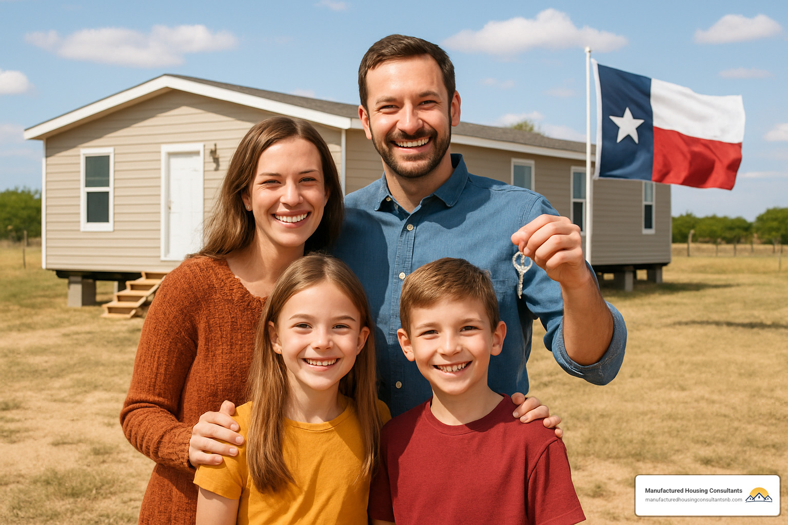 Happy family standing in front of their newly purchased repo mobile home with land - repo mobile homes with land for sale