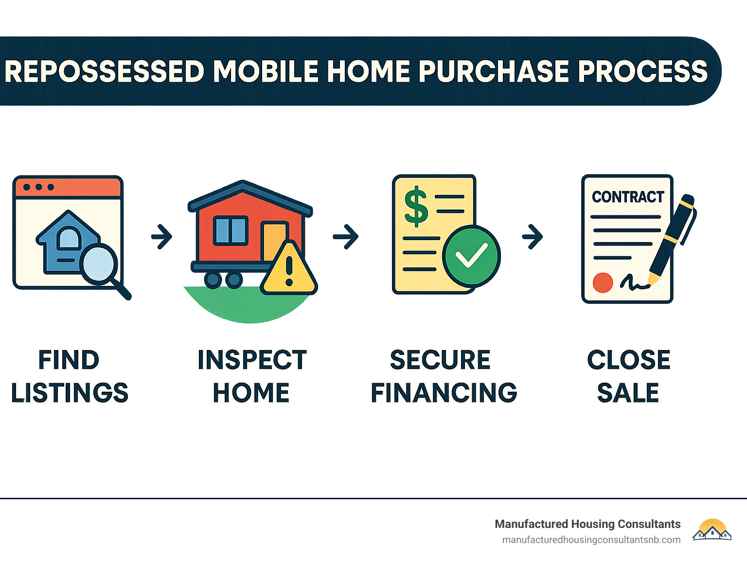 Repossessed Mobile Home Purchase Process showing steps from finding listings through inspection, financing, and closing - repo mobile homes with land for sale infographic 