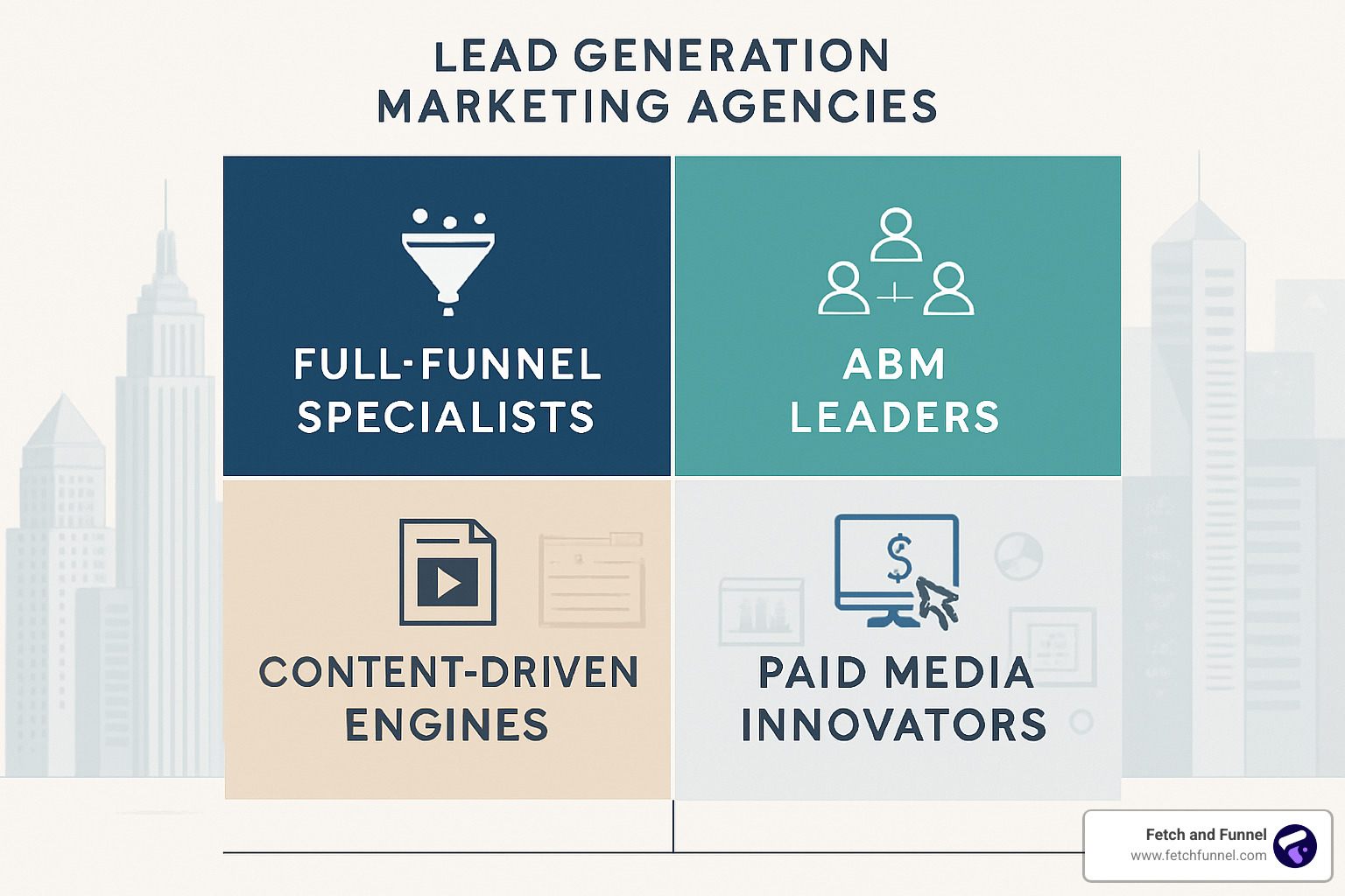 lead generation agency archetype quadrant showing Full-Funnel Specialists, ABM Leaders, Content-Driven Engines, and Paid Media Innovators - lead generation marketing agency