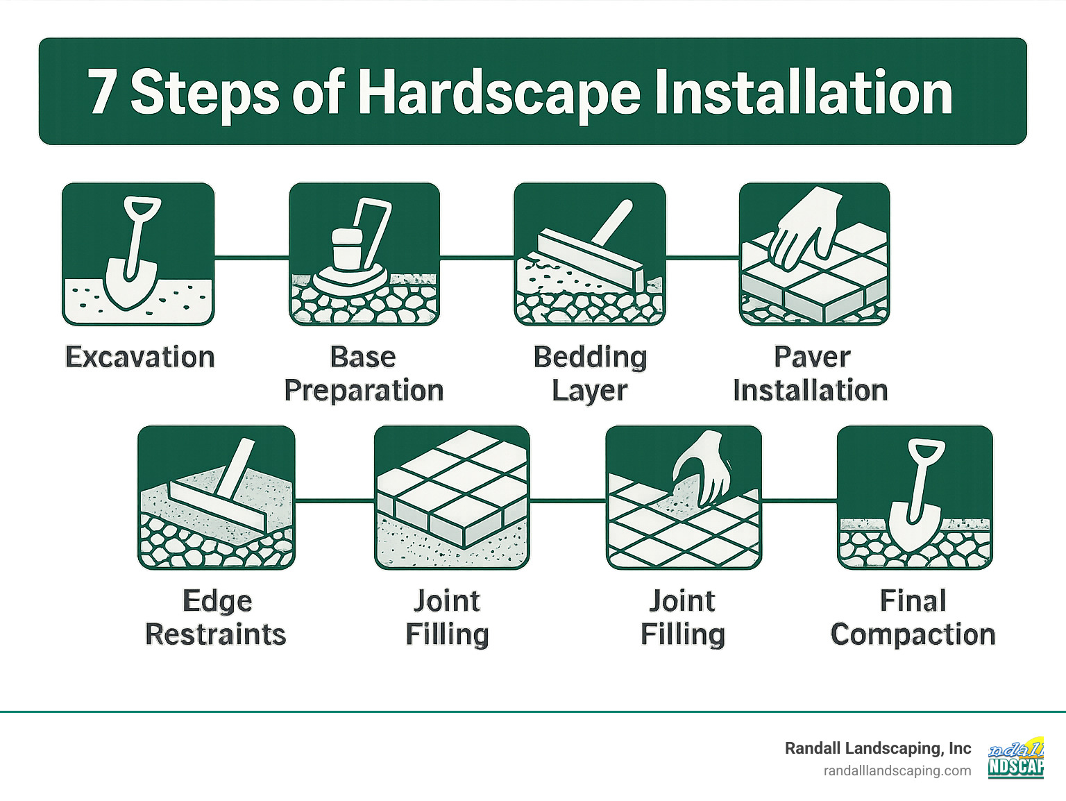 Infographic showing the 7 steps of hardscape installation: excavation, base preparation, edge restraints, bedding layer, paver installation, joint filling, and final compaction - hardscape products infographic 