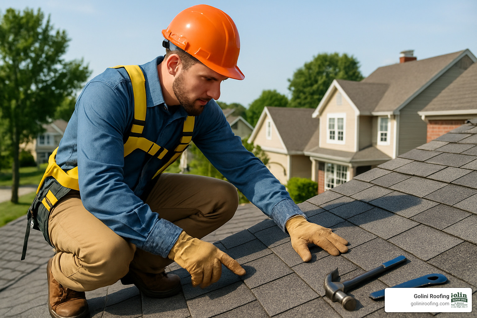 professional roofer inspecting shingles - roof repair and replacement