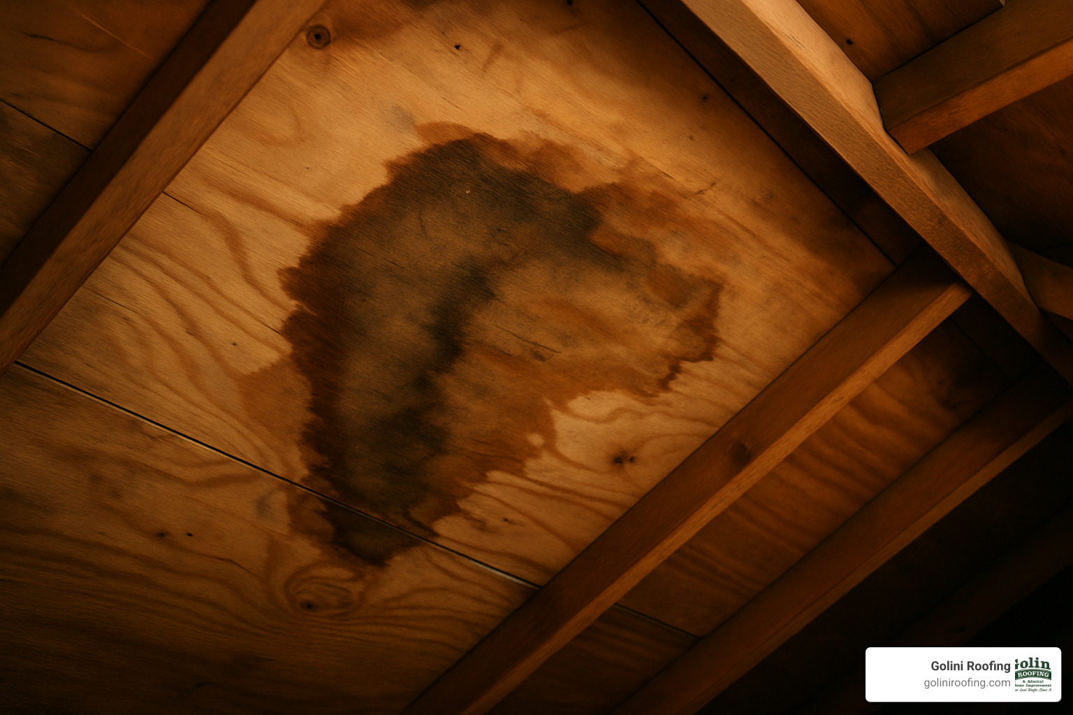 close-up of water stain in attic from roof leak - roof repair and replacement