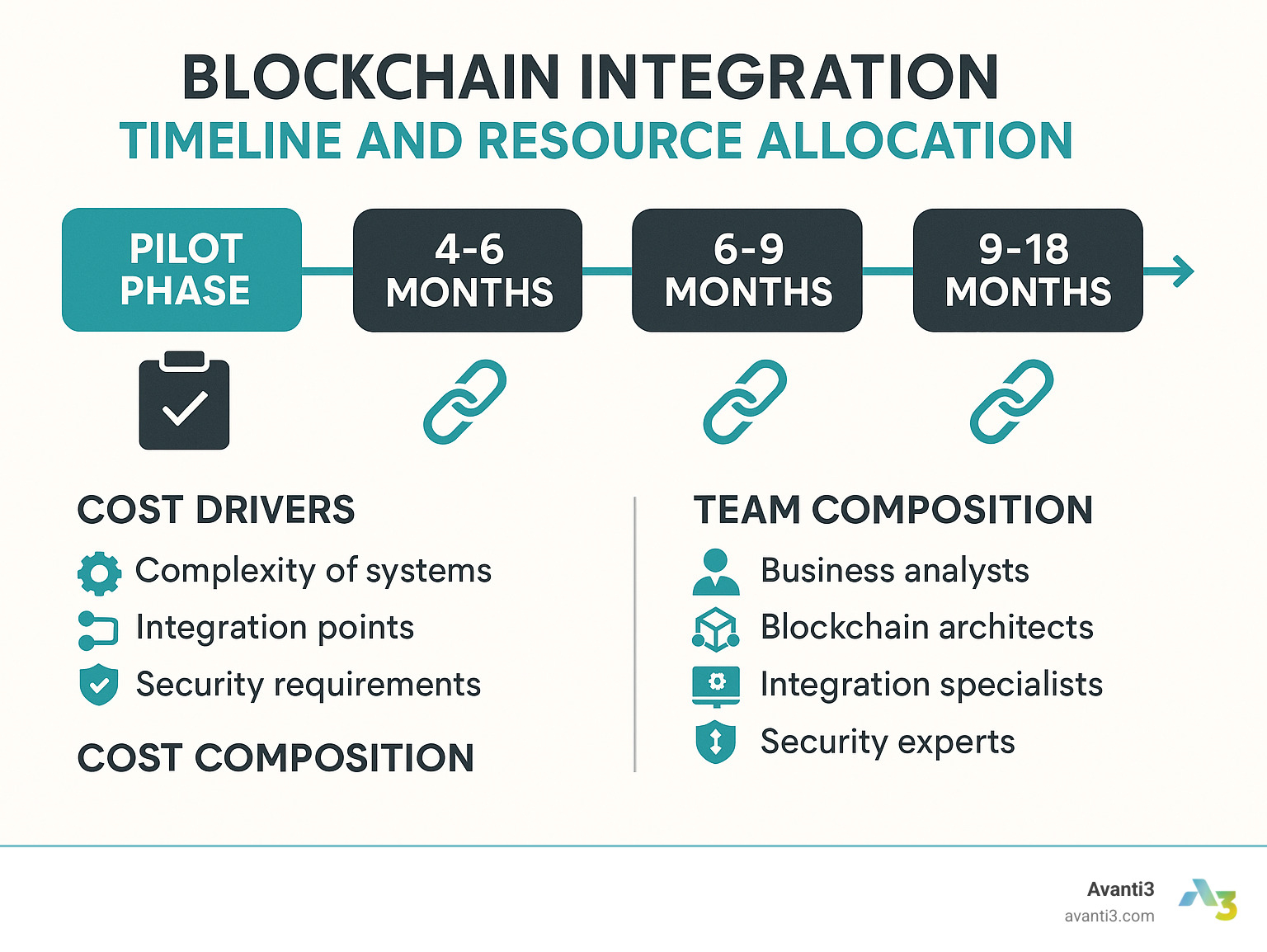Blockchain integration timeline and resource allocation - blockchain integration services infographic 