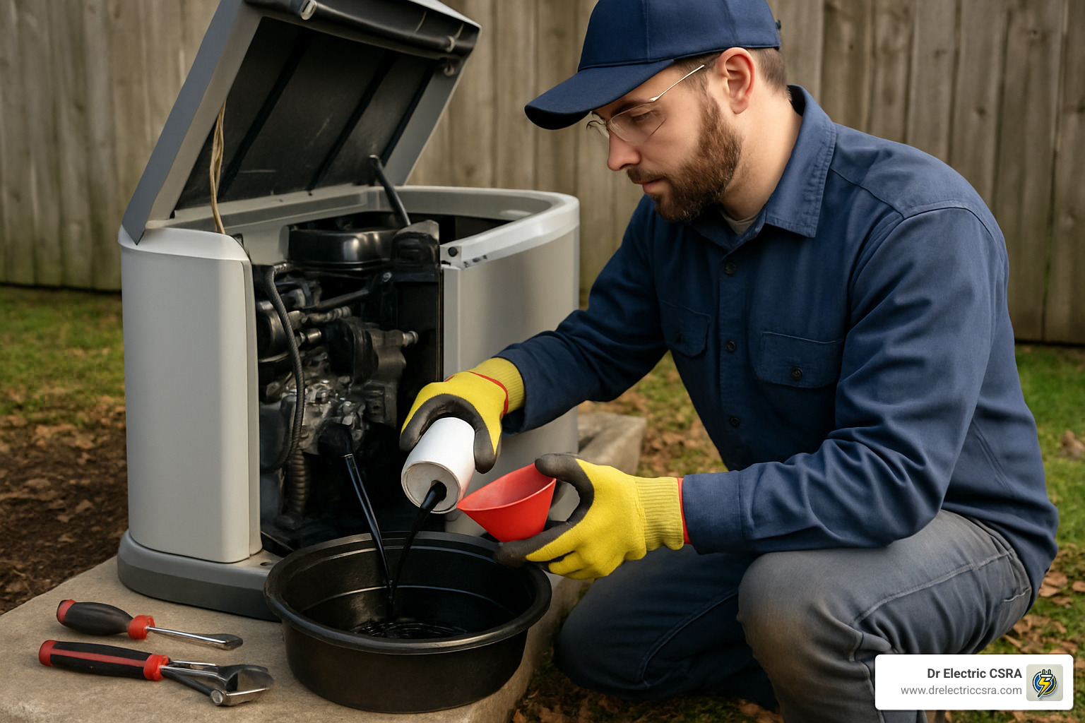 Technician performing maintenance on a whole house generator, pouring oil into a funnel over a container, with tools nearby, emphasizing the importance of regular upkeep for generator longevity.