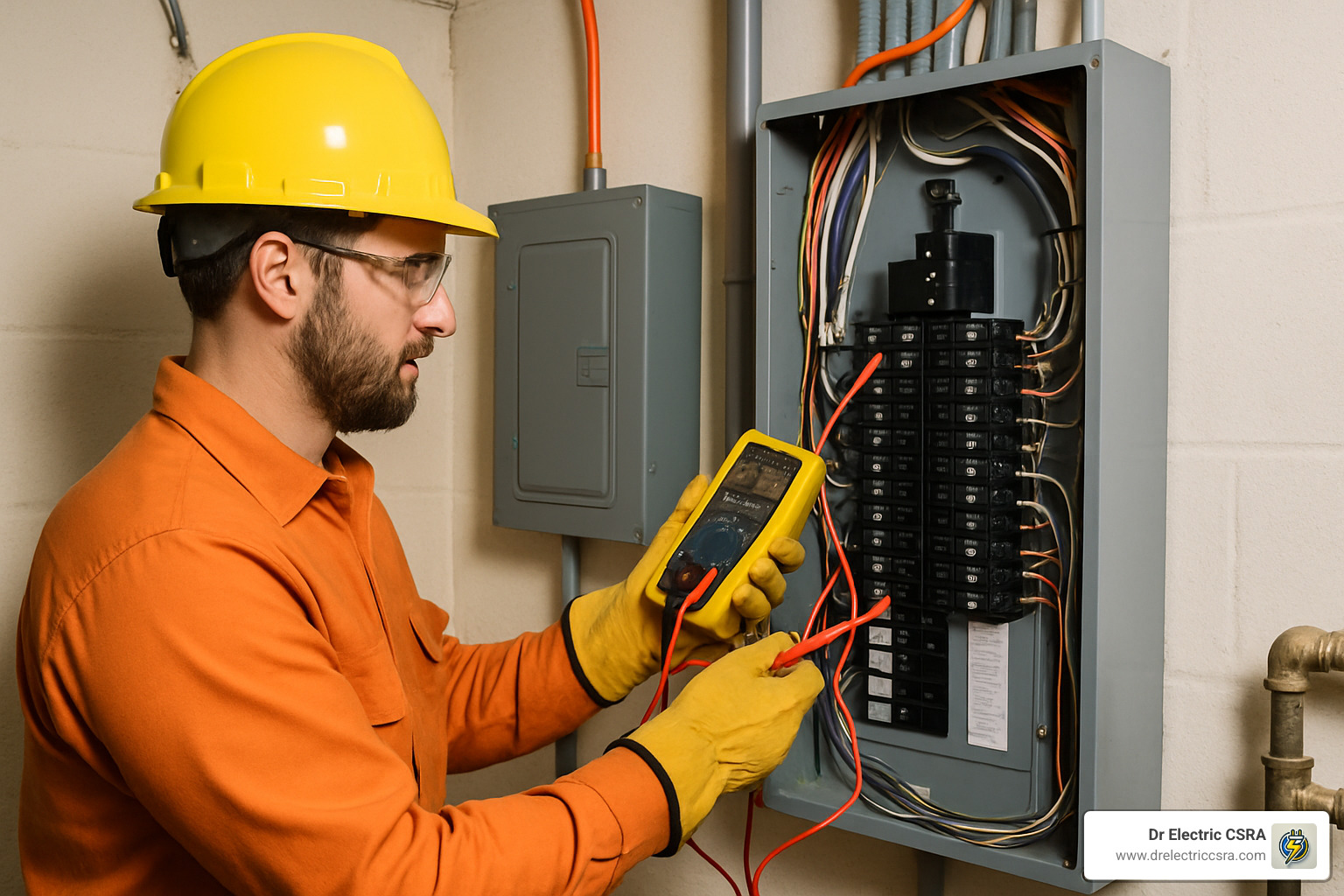 Electrician in safety gear using a multimeter to test a residential electrical panel, showcasing expertise in electrical services for whole house generator installations.