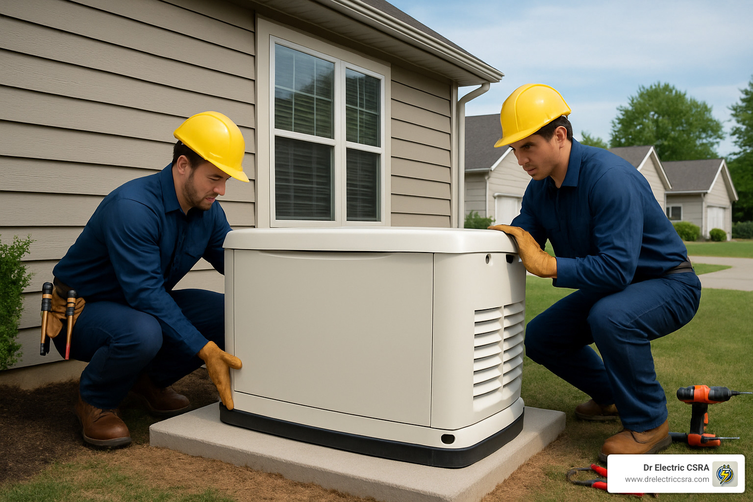 Two technicians in yellow hard hats installing a whole house generator on a concrete pad beside a home, illustrating the professional installation process for backup power solutions.