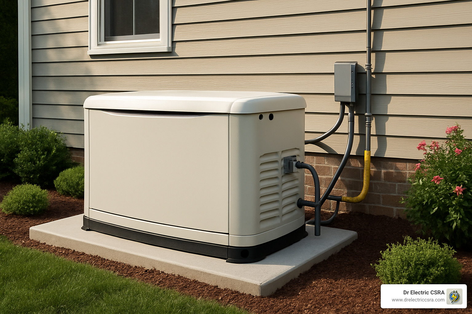 Whole house generator installed outside a home, with connection to electrical system and natural gas line, surrounded by landscaping.