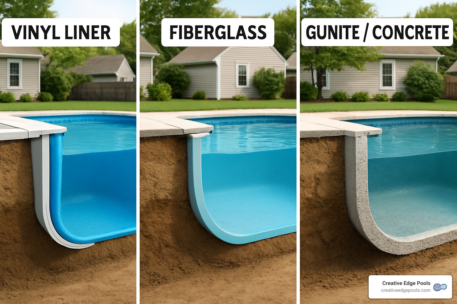 Comparison of different inground pool types showing vinyl liner, fiberglass, and gunite construction methods - inground pool in massachusetts