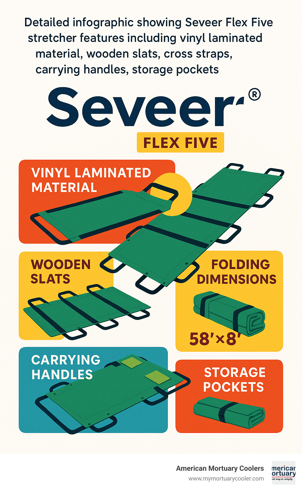 Detailed infographic showing Seveer Flex Five stretcher features including vinyl laminated material, wooden slats, cross straps, carrying handles, storage pockets, and folding dimensions - seveer infographic 