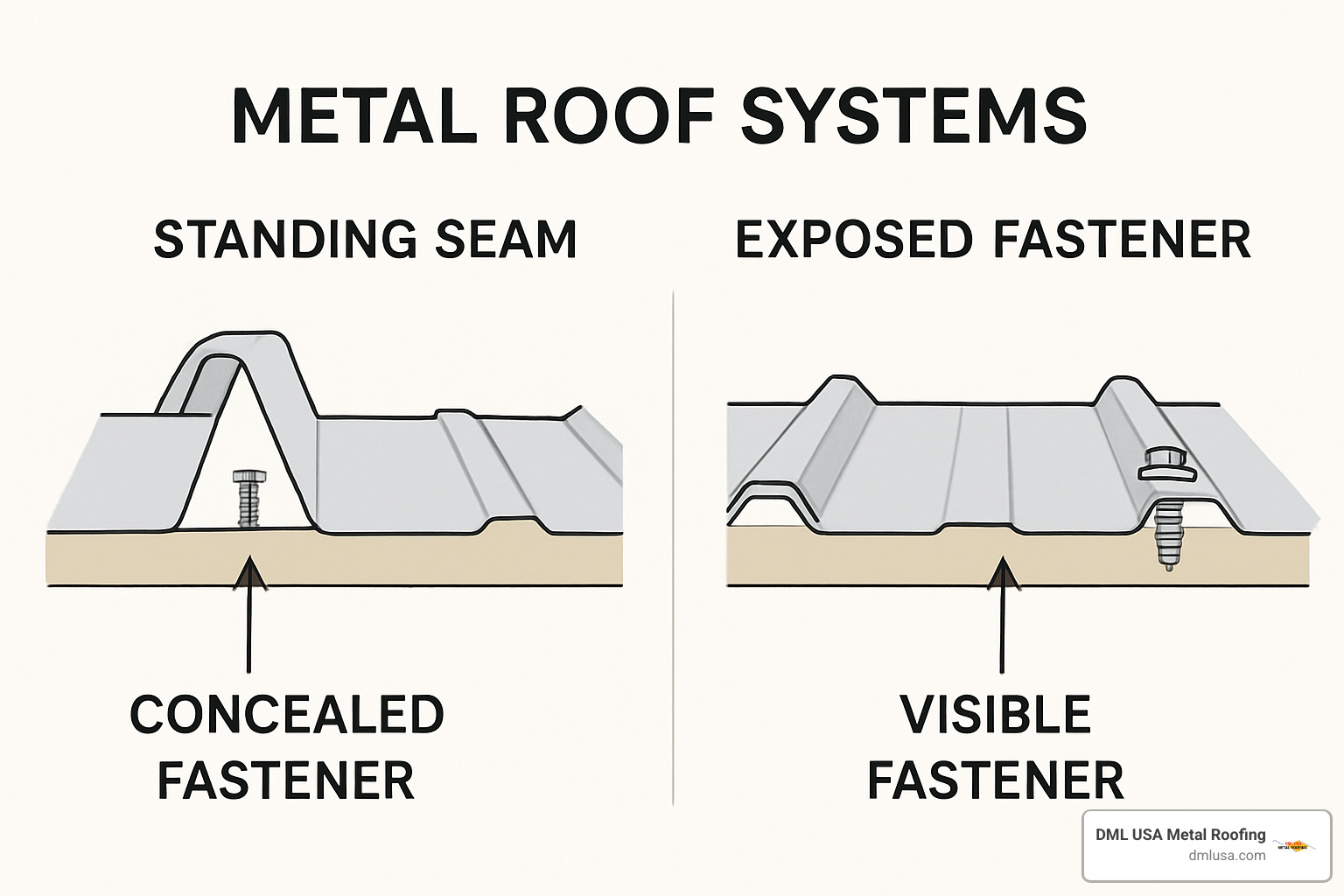 diagram showing standing seam vs exposed fastener metal roof systems - what is the most durable metal roof