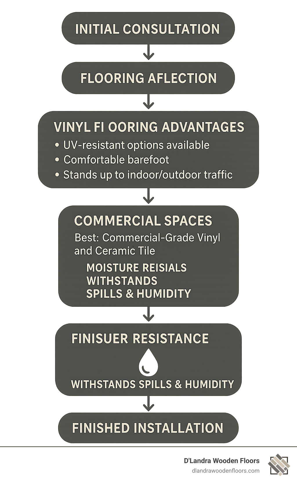 Flowchart showing the flooring selection and installation process from initial consultation through finished installation - Vinyl flooring advantages infographic 