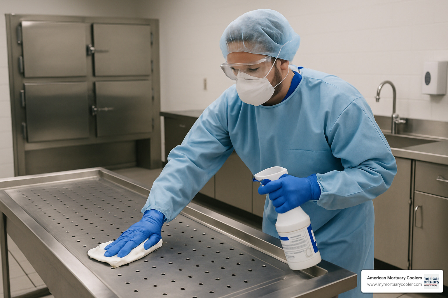 Disinfecting a stainless steel mortuary prep table - mortuary prep table