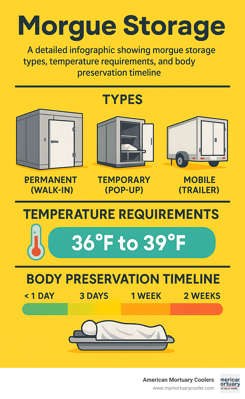 Detailed infographic showing morgue storage types, temperature requirements, and body preservation timeline - Morgue Storage  infographic 