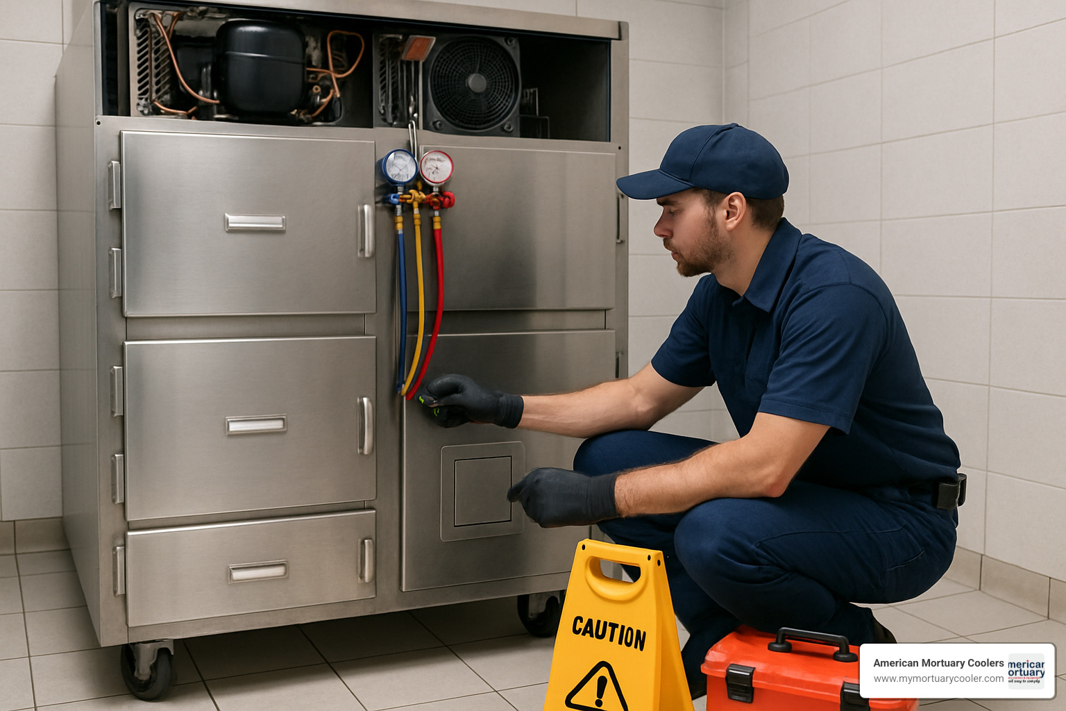 Technician performing maintenance on a morgue storage unit - Morgue Storage 