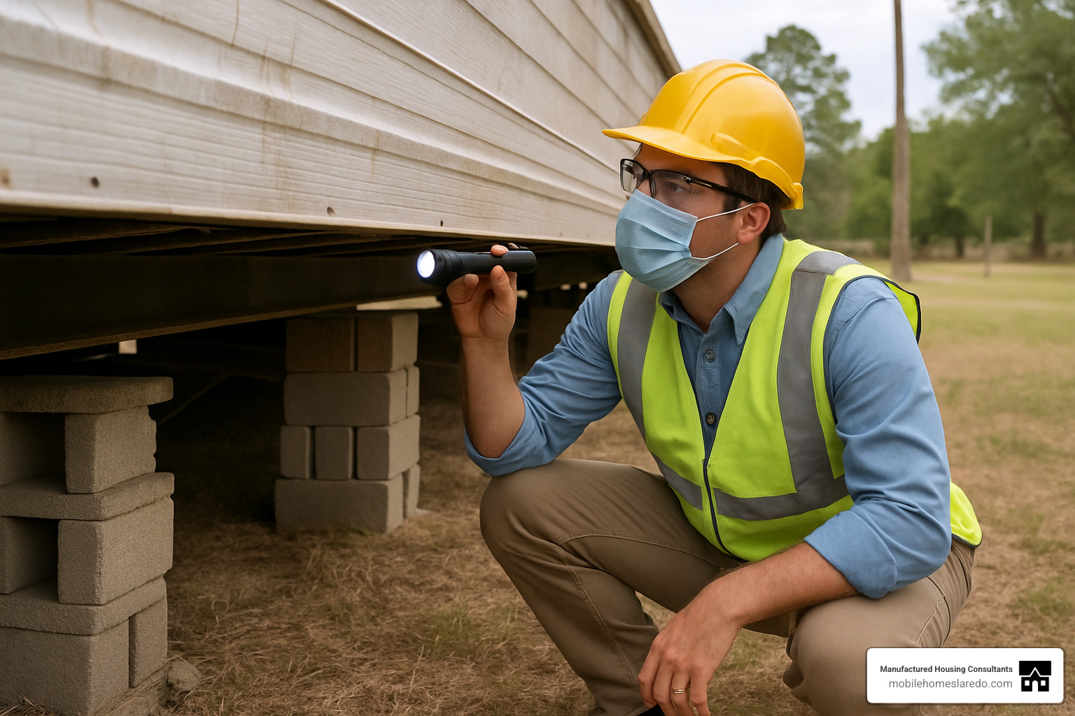 Home inspector examining underneath a mobile home - foreclosed mobile homes with land near me Home inspector examining underneath a mobile home - foreclosed mobile homes with land near me
