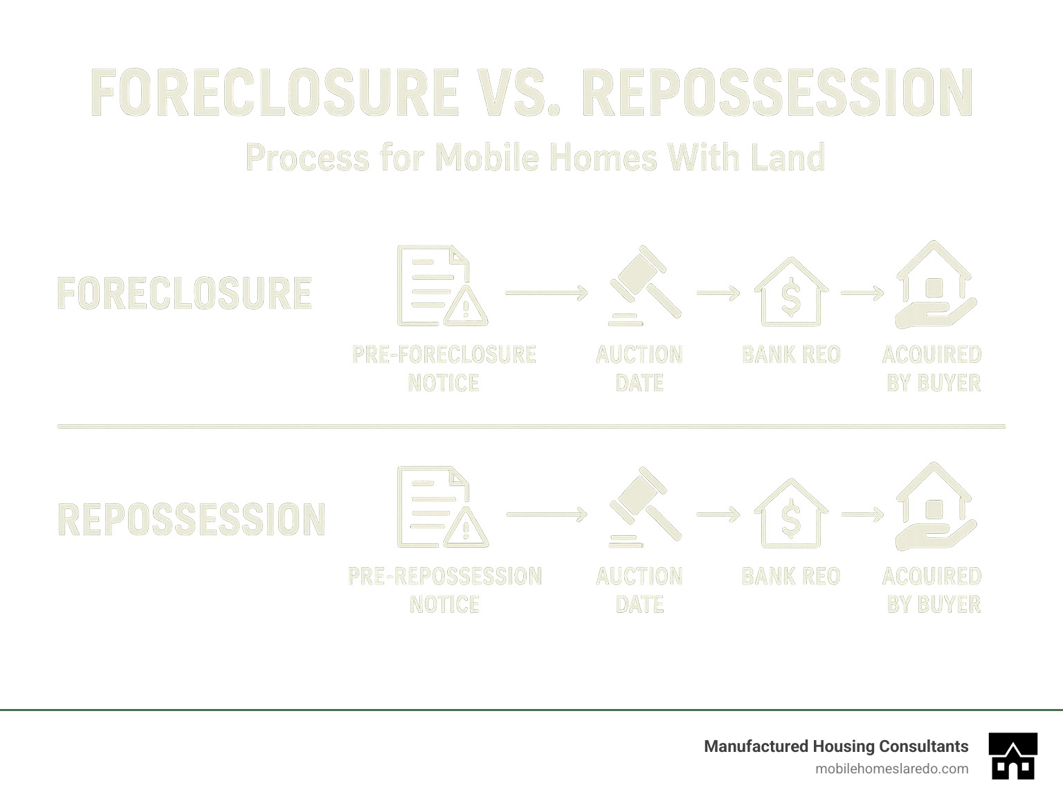Timeline showing difference between foreclosure process and repossession process for mobile homes with land, including pre-foreclosure notice, auction date, bank REO status, and buyer acquisition steps - foreclosed mobile homes with land near me infographic Timeline showing difference between foreclosure process and repossession process for mobile homes with land, including pre-foreclosure notice, auction date, bank REO status, and buyer acquisition steps - foreclosed mobile homes with land near me infographic
