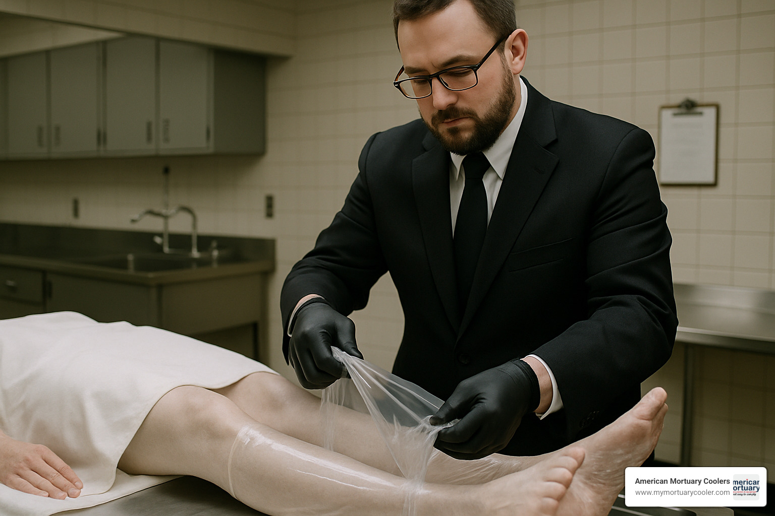 Mortuary staff carefully applying plastic stockings during preparation - plastic stockings