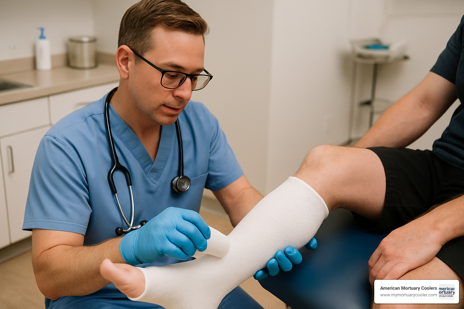 Patient having a casting sock applied by a medical professional - plastic stockings