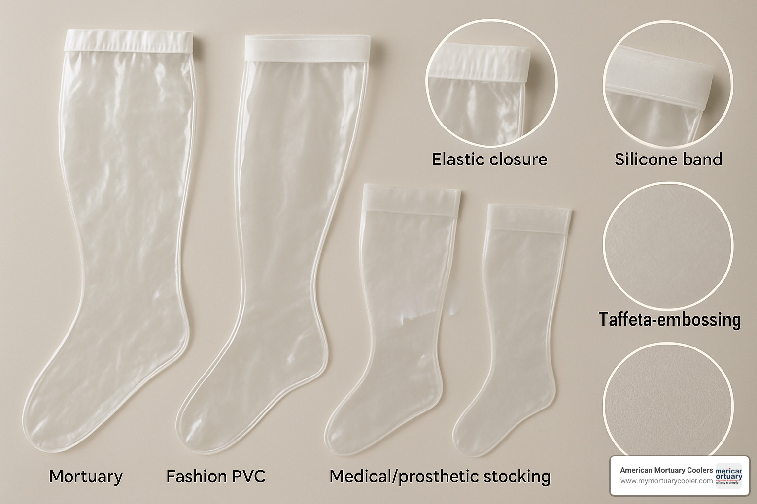Various types of plastic stockings showing different features and materials - plastic stockings