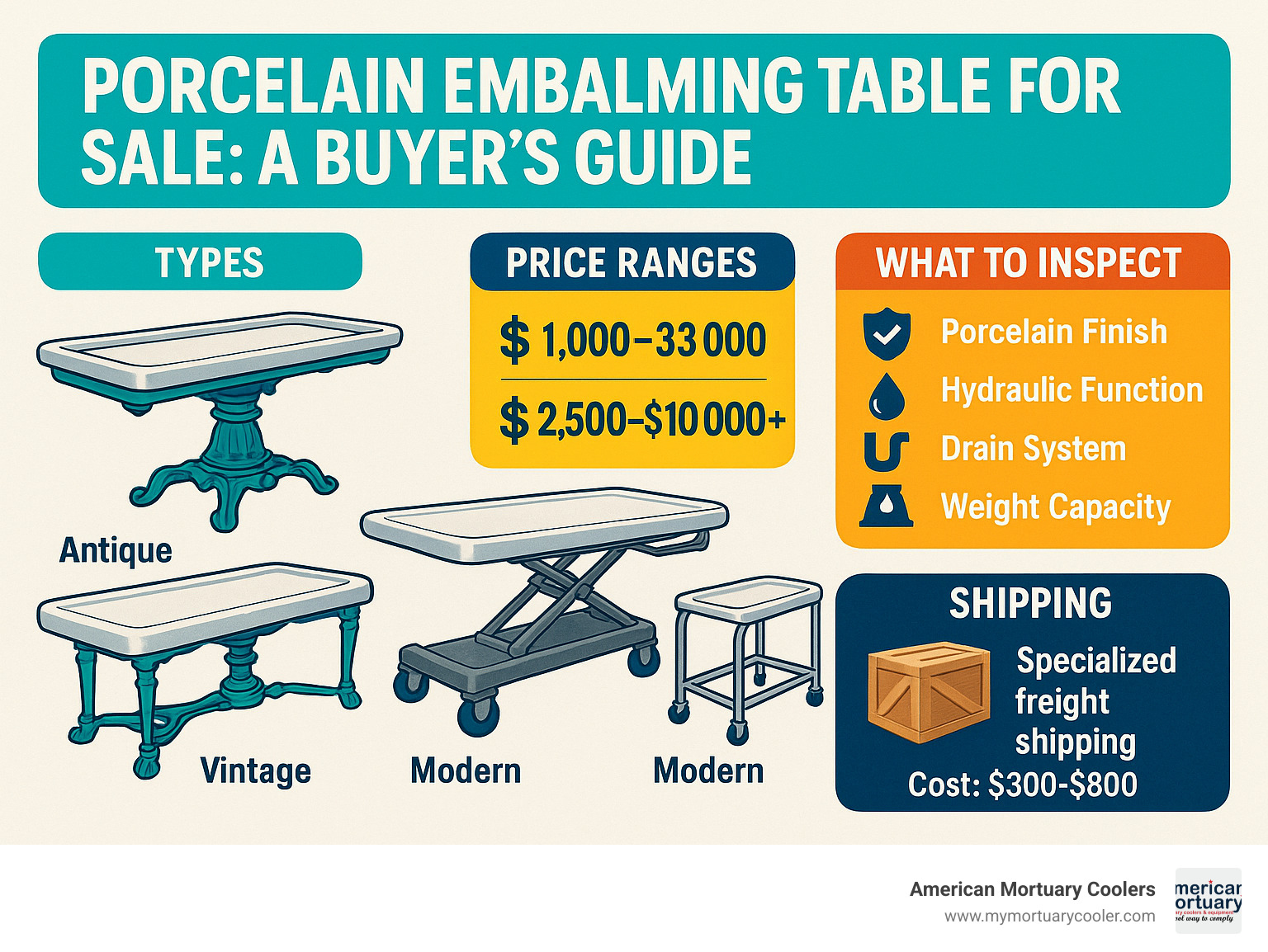 Detailed buyer's guide showing porcelain embalming table types, price ranges, key features to inspect, and shipping considerations with images of antique, vintage and modern tables - porcelain embalming table for sale infographic 