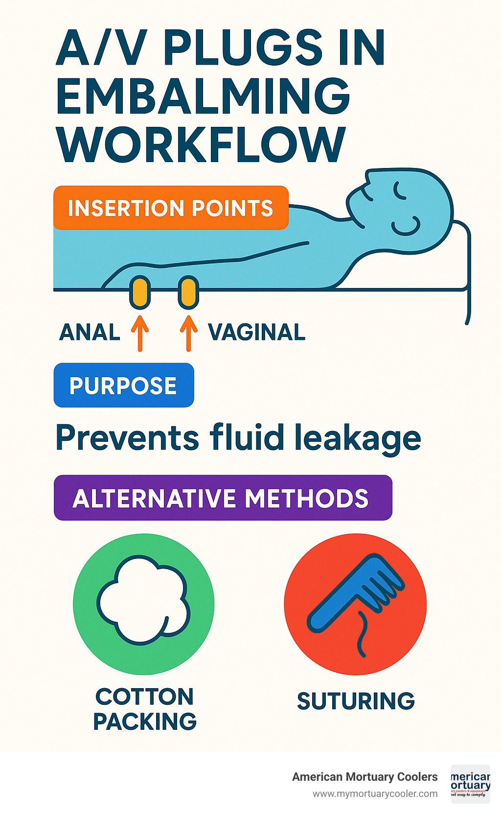 A/V plugs in embalming workflow showing insertion points, purpose, and alternative methods - a/v plug mortician infographic 