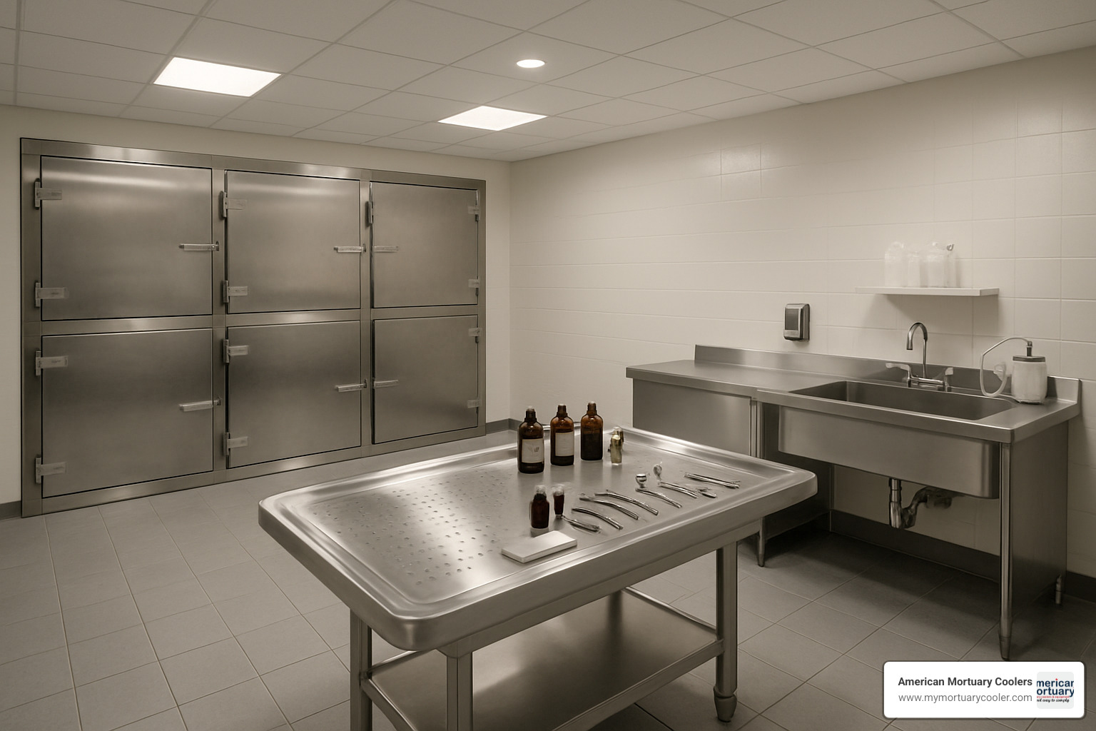 Modern mortuary preparation room with coolers and preparation table - a/v plug mortician