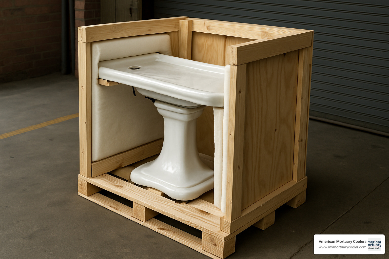 crated porcelain embalming table ready for shipping - porcelain embalming table for sale