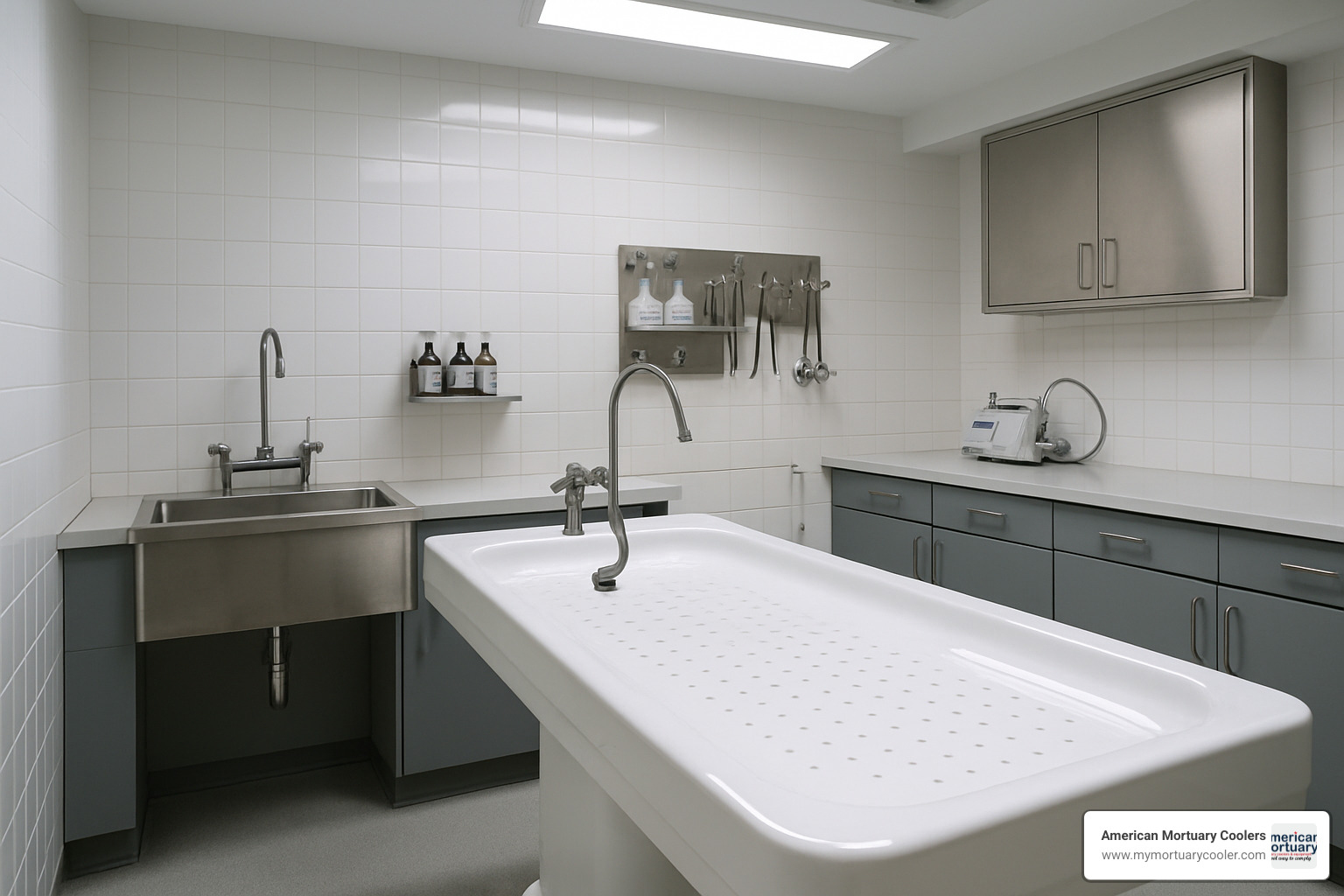 modern mortuary prep room with porcelain embalming table - porcelain embalming table for sale