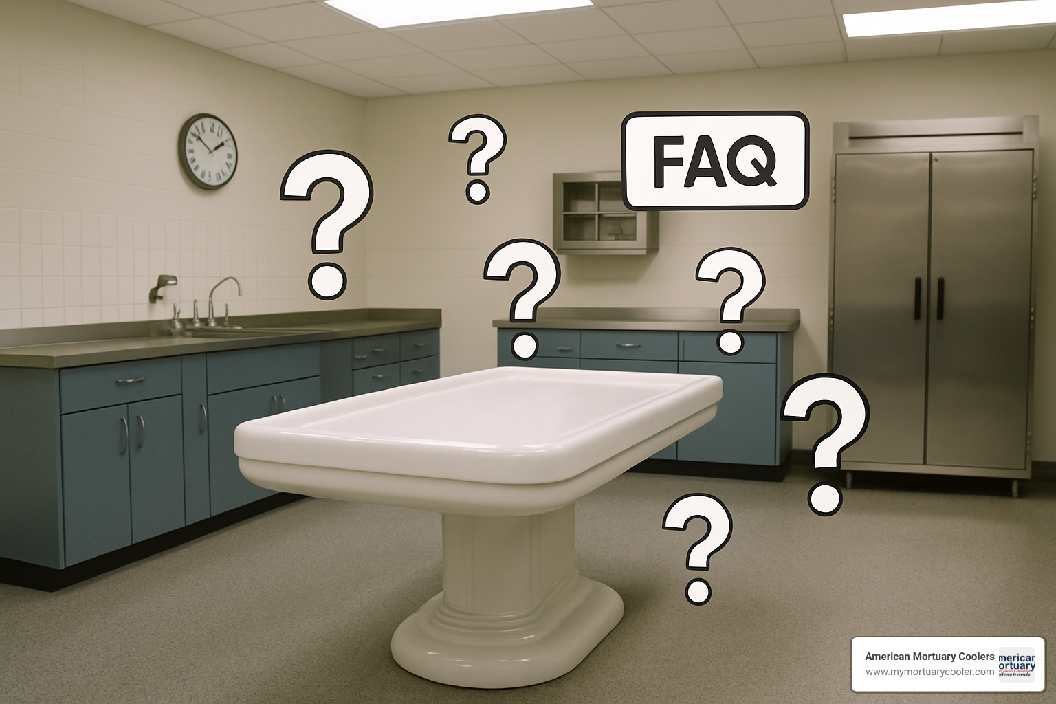 FAQ concept with porcelain embalming table - porcelain embalming table for sale