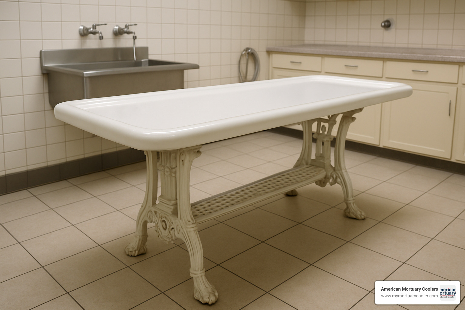 vintage porcelain embalming table with cast iron base - porcelain embalming table for sale