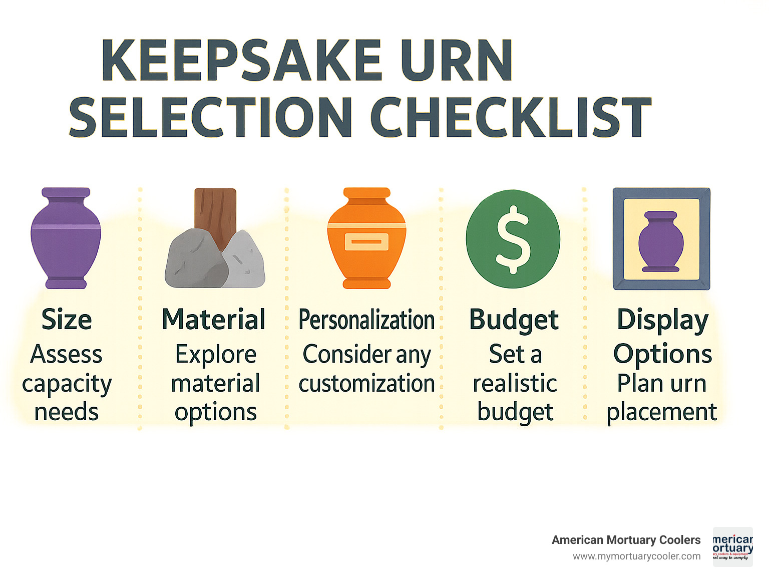 Keepsake urn selection checklist with icons for size, material, personalization, budget, and display options - keepsake urns infographic 