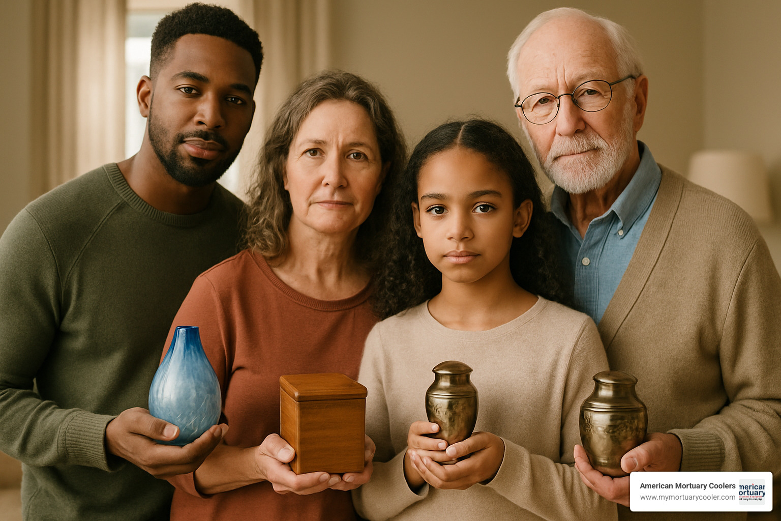 family members holding different keepsake urns - keepsake urns
