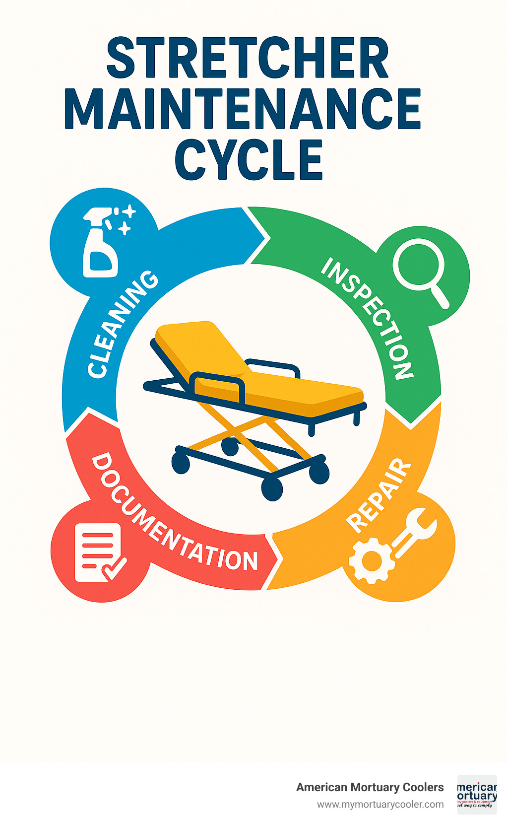 Stretcher maintenance cycle showing cleaning, inspection, repair, and documentation steps - stretcher stretcher infographic 