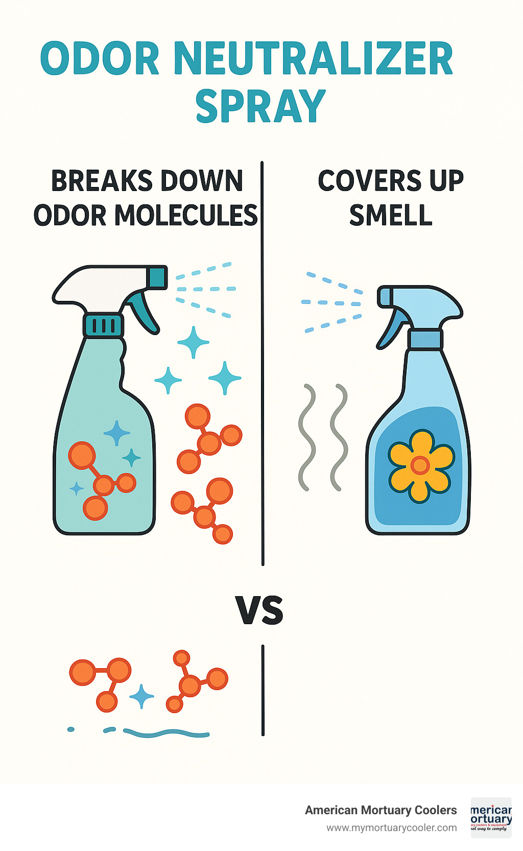 Infographic showing odour neutralizer spray breaking down odour molecules in air and on surfaces; compared to air freshener simply covering the smell with perfume - odour neutralizer spray infographic 