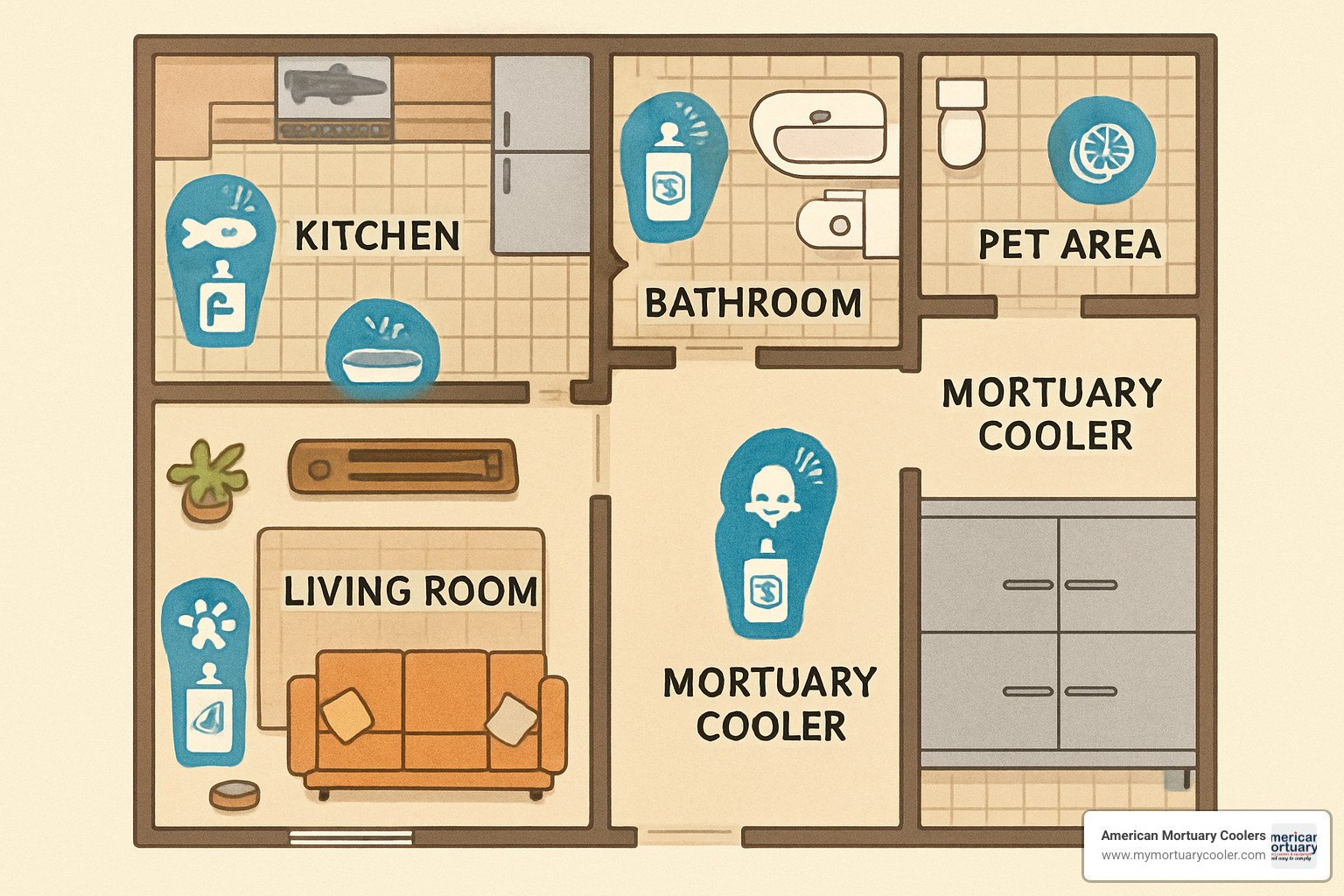 Map of home showing kitchens, bathrooms, pet areas, and professional zones like mortuary coolers, all with odour icons - odour neutralizer spray