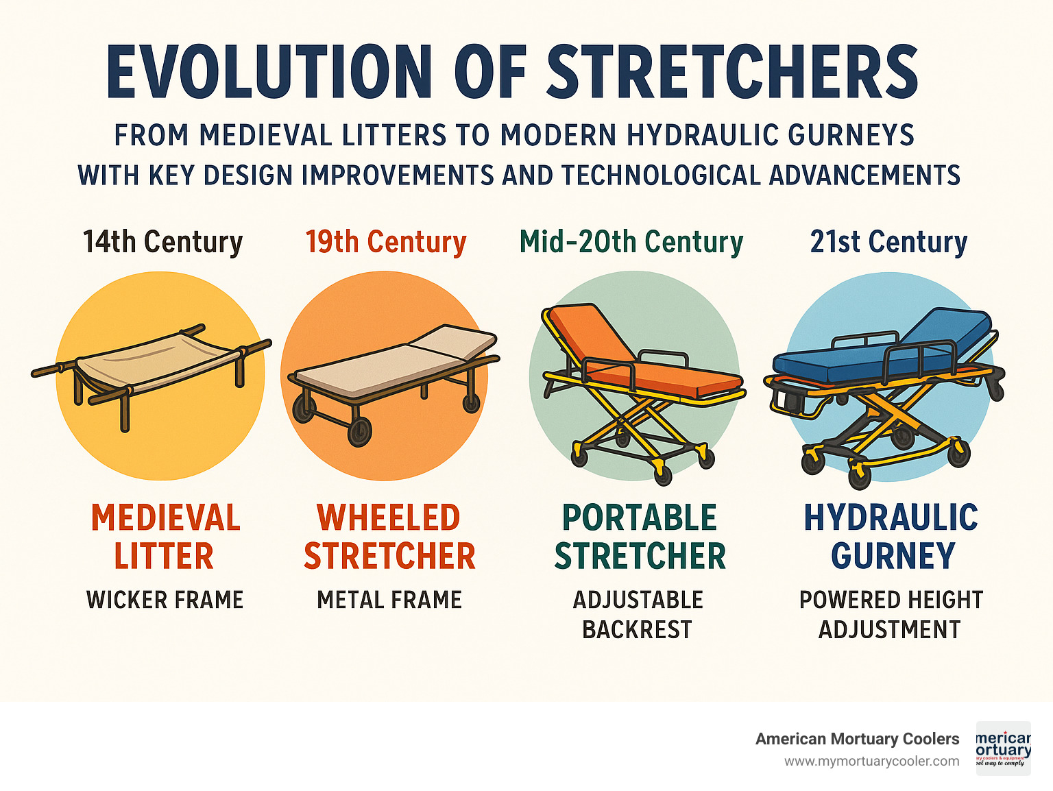 Evolution of stretchers from medieval litters to modern hydraulic gurneys with key design improvements and technological advancements by century - stretcher stretcher infographic 