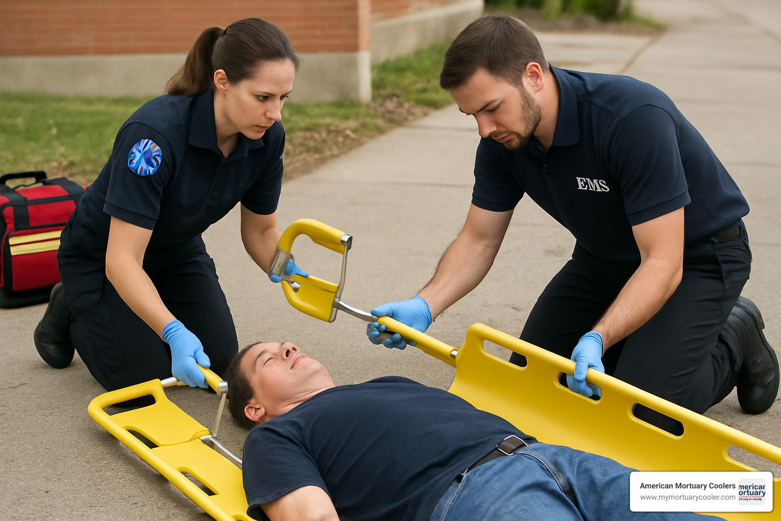 Scoop stretcher being assembled around a patient - stretcher stretcher